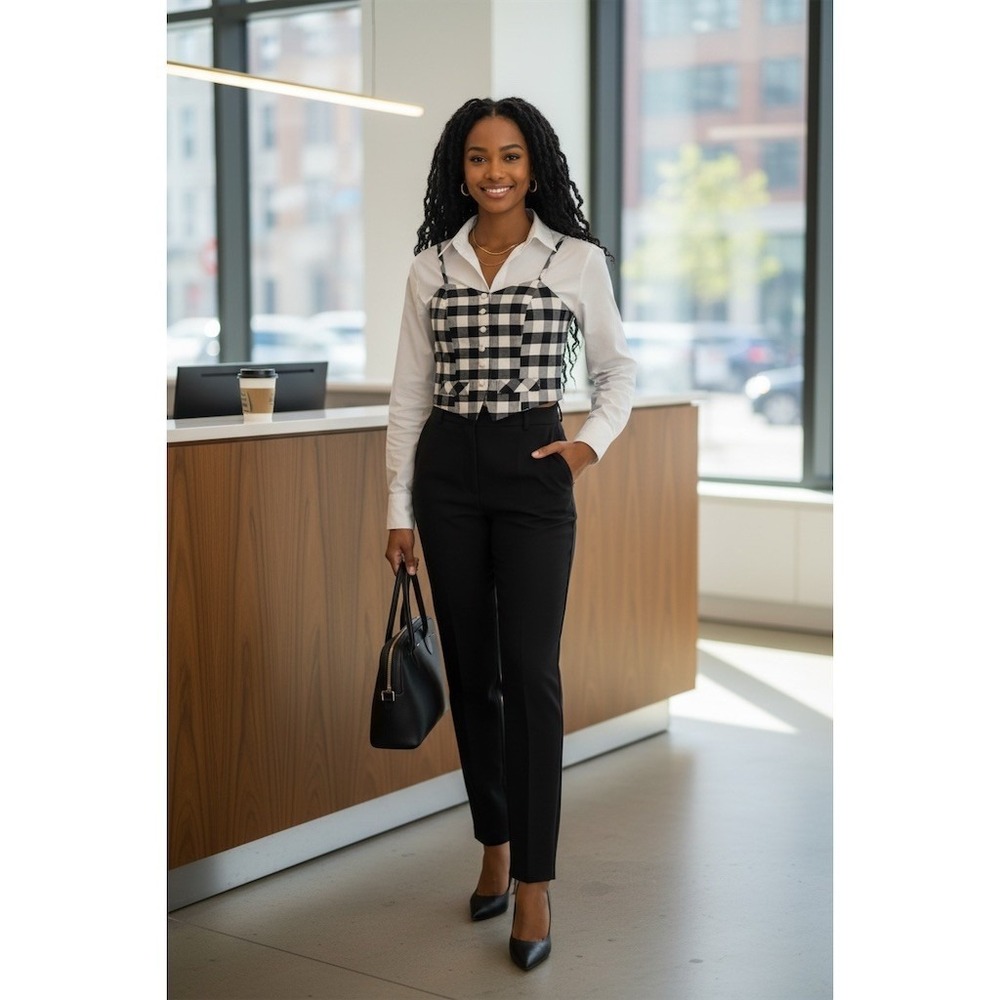 Limited 100% silk Camisole Tank Top S Black & White Plaid Cropped office siren